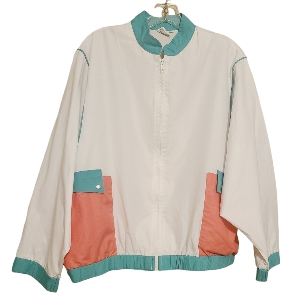 David Smith | Women's Vintage Full Zipper White Colorblock Jacket (Size Large)